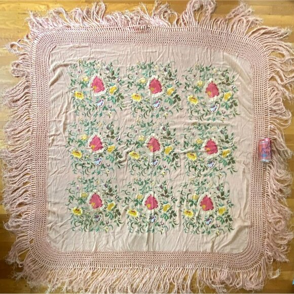 Antique Vintage Piano Shawl Embroidered Pink Silk Art Nouveau LARGE 68”x68” - Picture 10 of 13